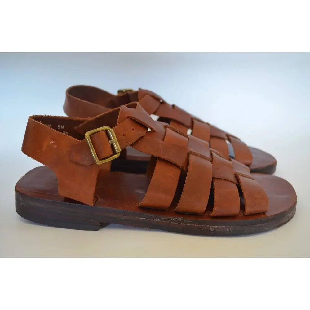 T Strap Leather Woven Fisherman Sandals Size 9M